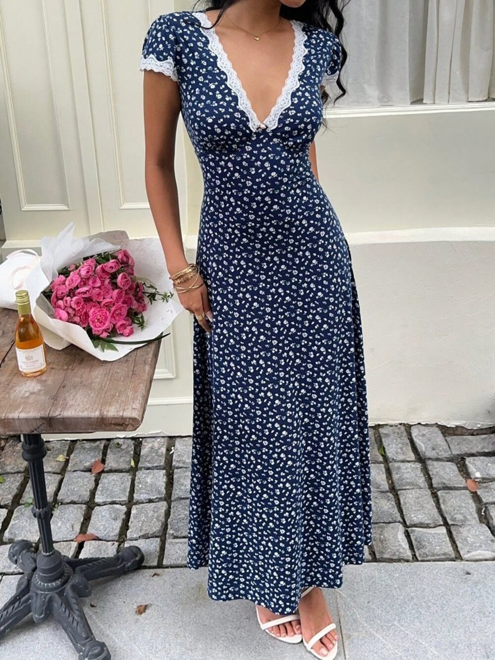 Blue Boho Elegant Women's Floral Ditsy Patchwork Lace Maxi Dress - Picture 4 of 8